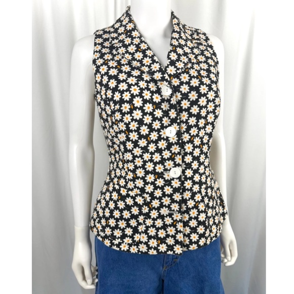 Vintage 2000’s ‘Sinequanone Paris’ Black and White Daisy Floral Vest - S/M - Picture 4 of 8